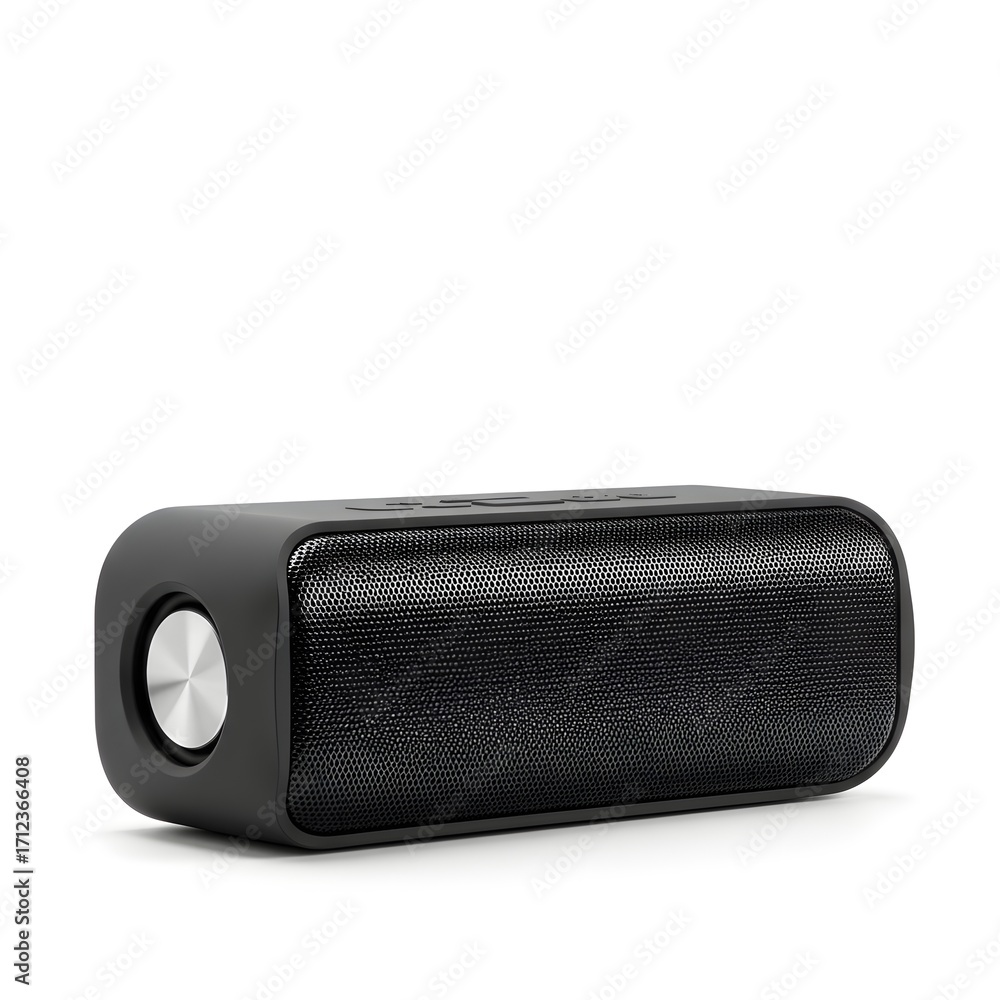 Naklejka premium A modern black portable wireless bluetooth speaker for music and audio, isolated on a clean white background with a metallic silver button