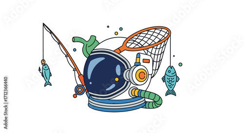 Astronaut helmet with fishing gear and fish, space exploration and fishing hobby concept.