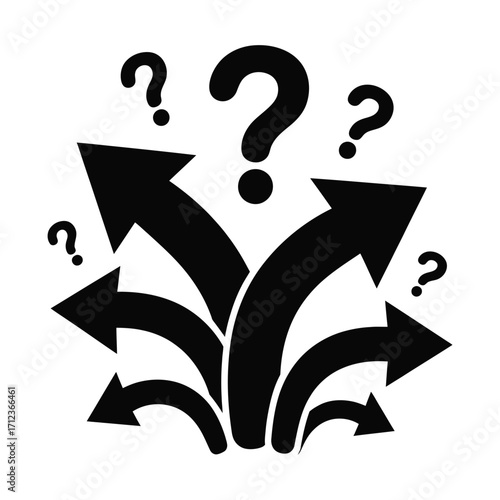 Multiple arrows and question marks representing choices and confusion