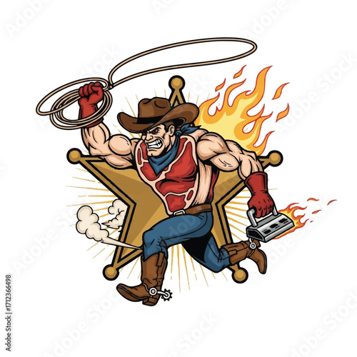 Muscular cowboy runs, lasso whirling, brandishing fiery branding iron, sheriff's star backdrop.