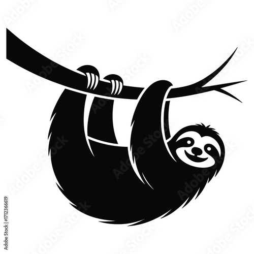 Black silhouette of a happy sloth hanging from a tree branch