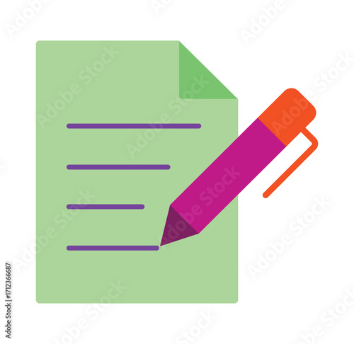 Colorful document and pen icon for editing or writing. A simple flat design symbol for taking notes, signing contracts, and creative content creation.