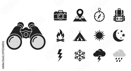 Binoculars and camping adventure icons set.