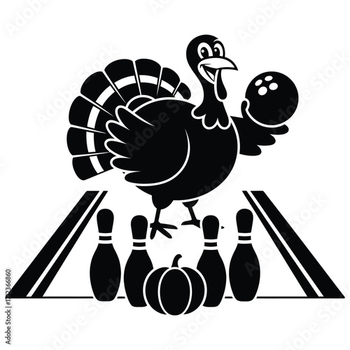 Cartoon turkey holding bowling ball on bowling lane with pins and pumpkin