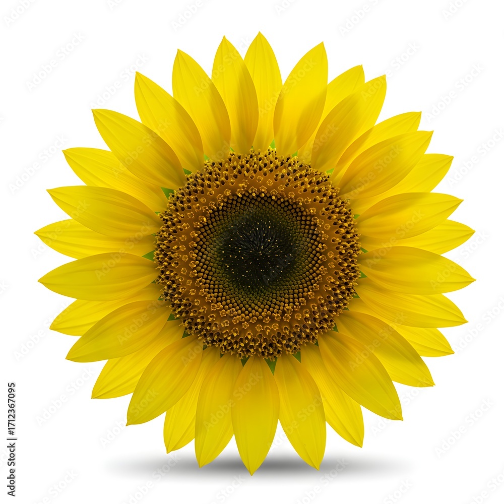 Fototapeta premium Close up of a bright yellow sunflower with a dark center, isolated on a clean white background, showcasing its natural beauty and vibrant petals