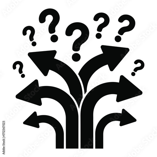 Multiple arrows pointing in different directions with question marks