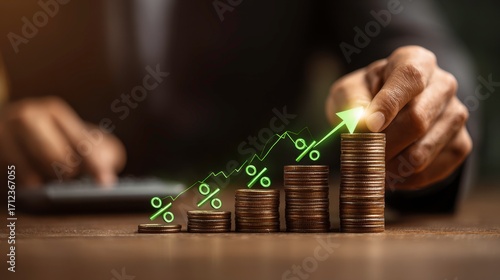 Growth in Finance with Stacked Coins and Percentage Increase Indicator