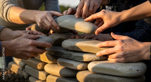 Close-up of diverse hands meticulously building a stone wall, representing the essence of collaboration, shared goals, and the strength derived from collective action for a sturdy foundation