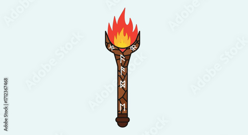 Burning torch with flames and intricate wooden handle design.