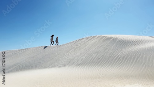 Woman and girl walk peacefully across sandy desert dunes. Daytime scene evokes serenity and quiet connection in nature.
