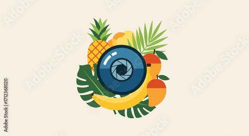 Camera Lens Surrounded by Tropical Fruits and Foliage in Vibrant Composition.