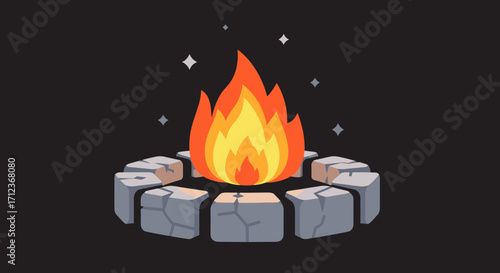 Campfire with stones and sparks on a dark background.