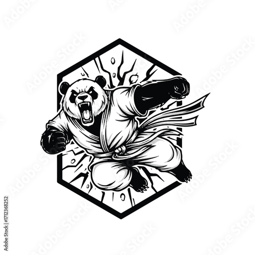 A fierce panda in a karate uniform, executing a powerful punch, breaking through a hexagonal frame.