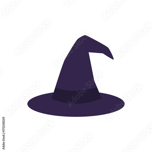 Classic witch hat in flat vector Halloween style. Perfect for seasonal decoration, costume graphics, and party themes.