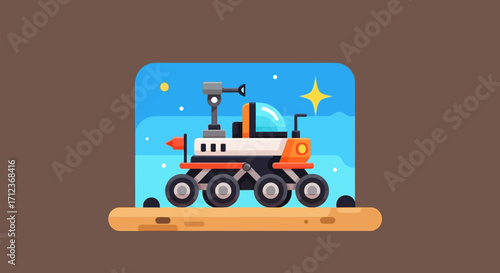 Cartoon Mars Rover Exploring the Red Planet Surface.