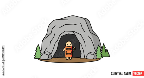 Cartoon Person Standing in Cave Entrance Illustration.