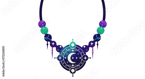 Celestial Moon Necklace with Beads and Star Accents.