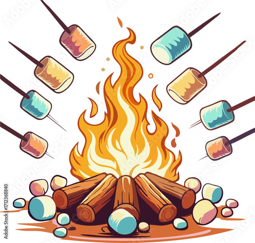 Vector illustration Cartoon Campfire Roasting Colorful Marshmallows at Night – Cozy Outdoor Snack