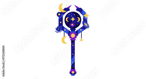 Celestial Staff with Crescent Moons and Stars, Magical Artifact.