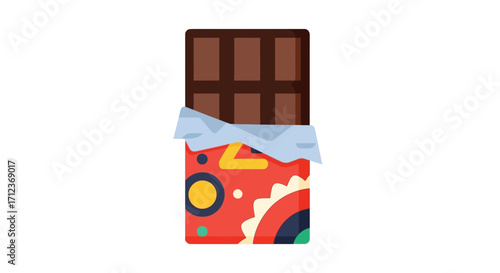 Chocolate bar in colorful wrapper, tempting treat, delicious dessert, sweet snack, wrapped in vibrant paper.