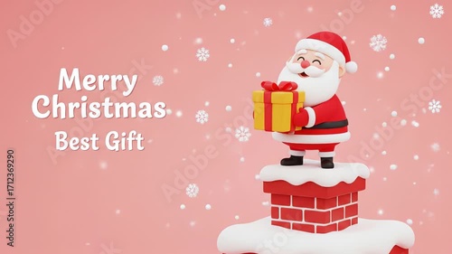 Santa claus delivering a gift on christmas eve, standing on a chimney with snowflakes falling around, wishing merry christmas and best gift