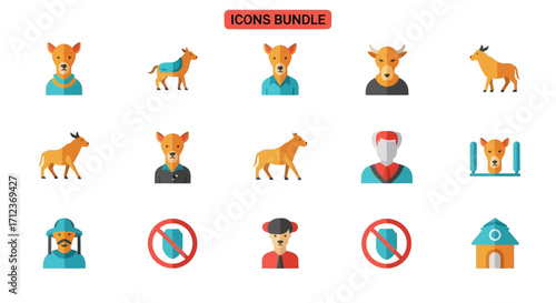 Collection of animal icons, various species, including bovines, deer, and goats, in flat design style, suitable for use in applications, websites, or other digi