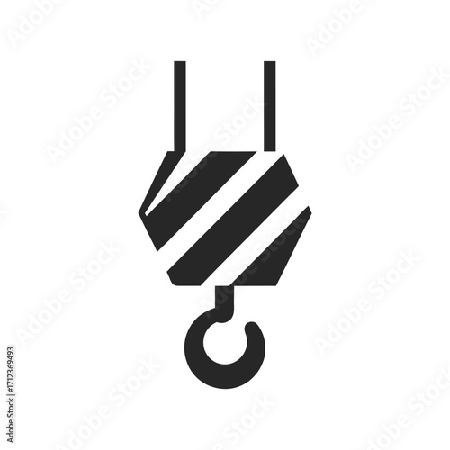 Black crane hook with diagonal stripes on white background industrial lifting