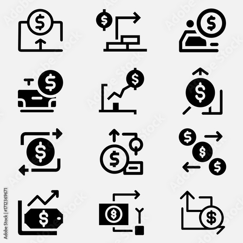These icons are commonly used in finance, fintech apps, banking systems, investment dashboards, and accounting platforms to visually represent concepts like money transfer, savings, profit growth, inv