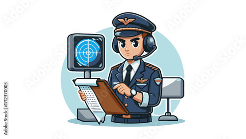Air Traffic Controller Character with Radar and Headset