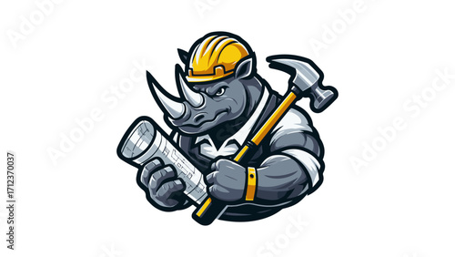 Strong Rhino Builder Mascot with Blueprint and Hammer Illustration