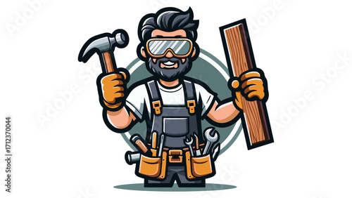 Happy Handyman Mascot with Hammer, Wood, and Tool Belt