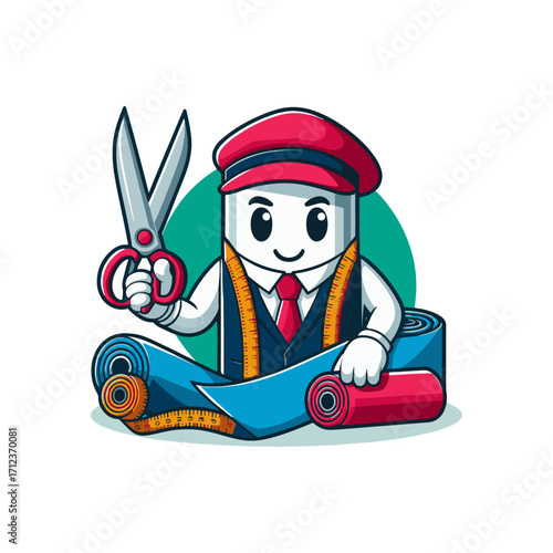 Adorable tailor mascot character with sewing tools and materials