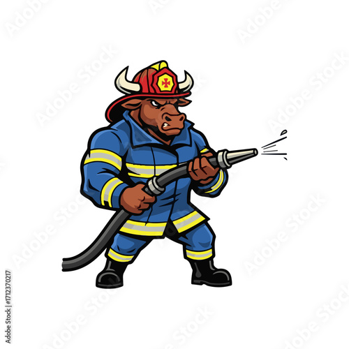 Angry Bull Firefighter Mascot Spraying Water with Fire Hose