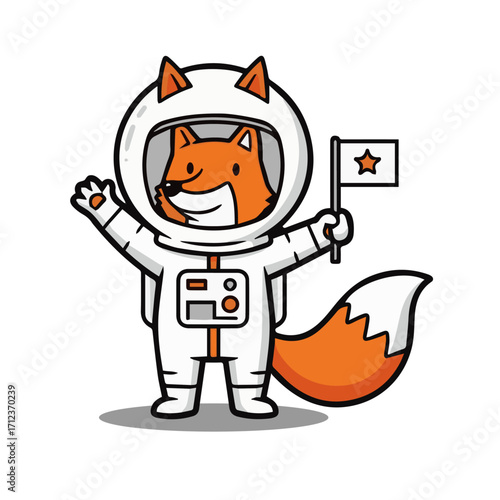 Cute Cartoon Fox Astronaut Waving and Holding a Star Flag