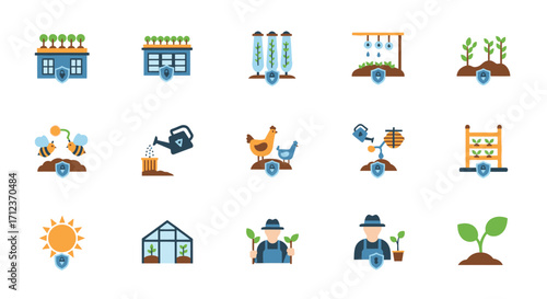 Collection of colorful farming and gardening icons for agricultural concepts and designs.