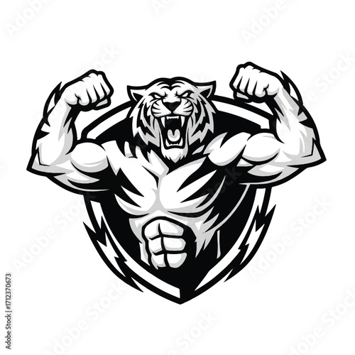 Muscular tiger flexing biceps with an aggressive expression, set against a stylized shield background.