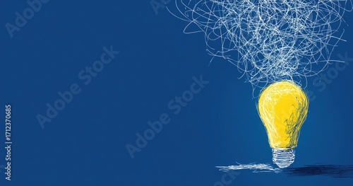 Creative idea lightbulb with tangled lines representing complex thoughts.