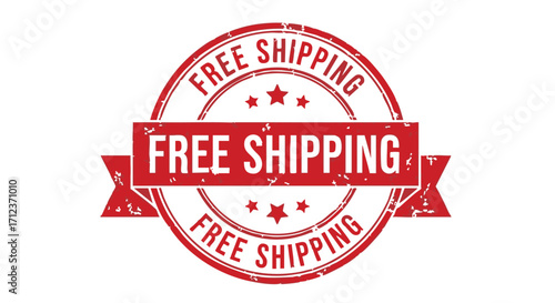 Red grunge stamp and ribbon proclaiming "Free Shipping".