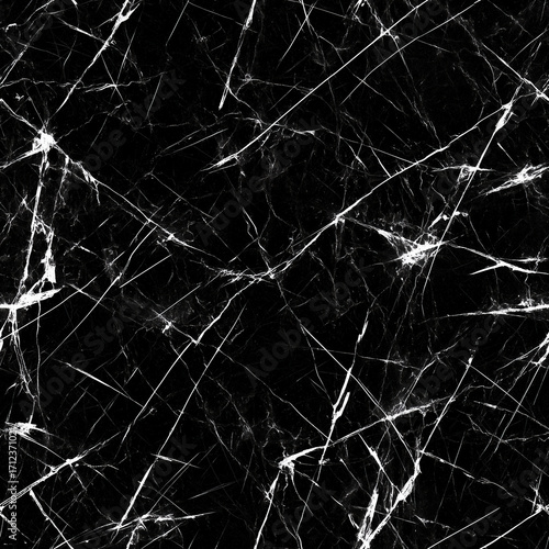 Realistic black marble texture featuring intricate white veining and scratches, creating dramatic and elegant appearance. This high fidelity design is perfect for various applications