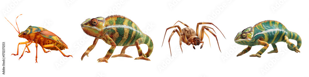 Obraz premium Assorted small creatures including chameleons and isolated on transparent background.