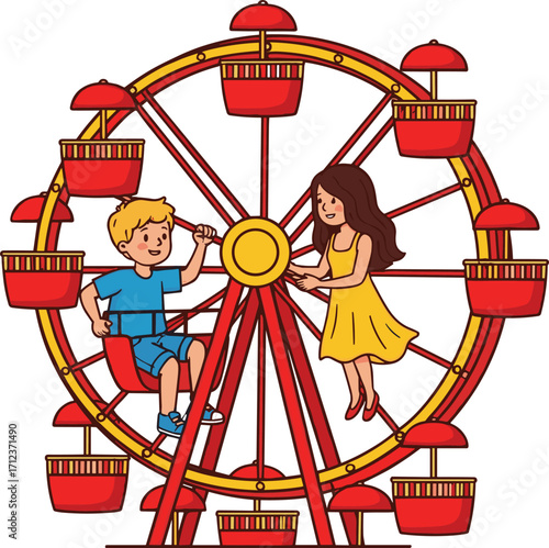 Cartoon Ferris wheel illustration, children riding amusement park ride, colorful gondolas, happy boy and girl, fun fairground attraction, playful childhood design