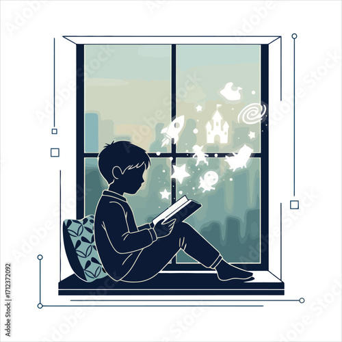 Young person silhouetted reading book by window cityscape bokeh lights serene imagination childhood dreams peaceful escape vector