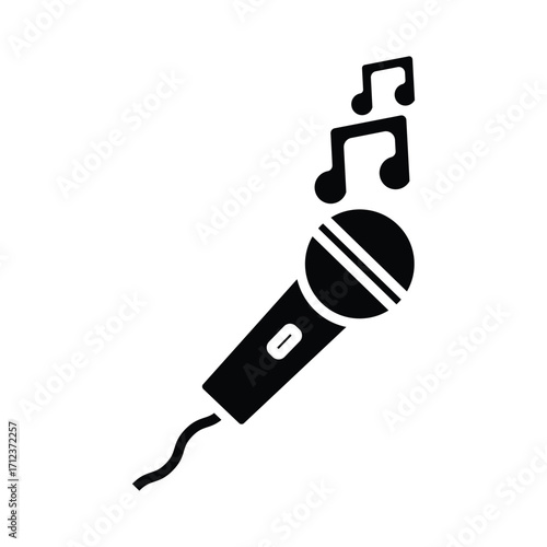A simple black and white icon depicting a microphone with floating musical notes. 