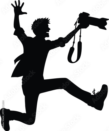 Black silhouette of a funny young photographer with a camera vector illustration isolated on a white background