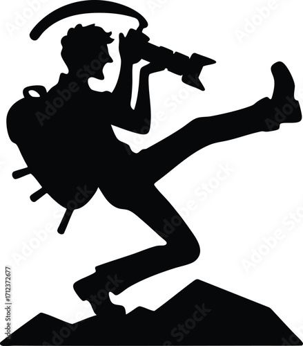 Black silhouette of a funny young photographer with a camera vector illustration isolated on a white background