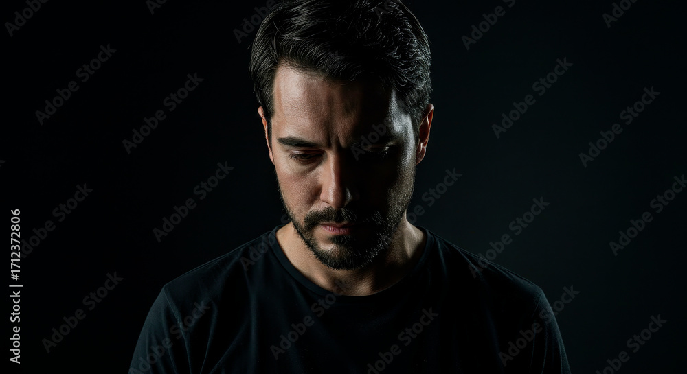 Naklejka premium Man looking down with a thoughtful and melancholic expression. Concept of sadness, regret, or deep contemplation for editorial use.