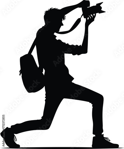 Black silhouette of a funny young photographer with a camera vector illustration isolated on a white background