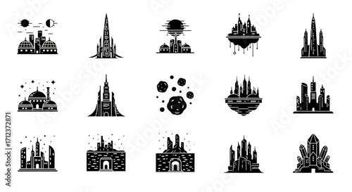 Collection of futuristic cityscapes and castles.