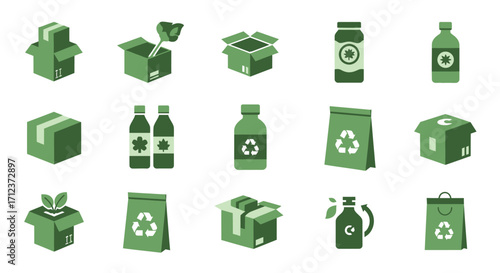 Collection of green packaging and containers for recycling and sustainability.