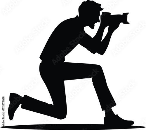 Black silhouette of a funny young photographer with a camera vector illustration isolated on a white background